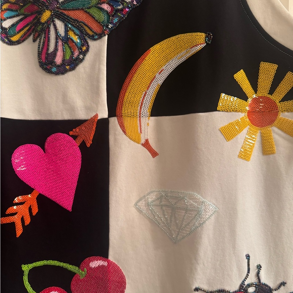 QUEEN OF SPARKLES Black & White Patchwork Tank dress Colorful Appliqués XL - Picture 3 of 7